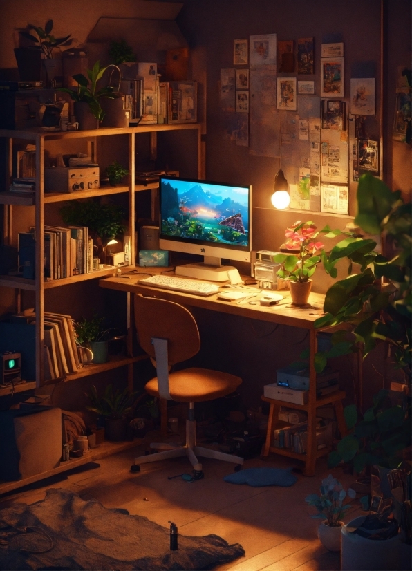 Computer, Personal Computer, Furniture, Table, Plant, Computer Desk