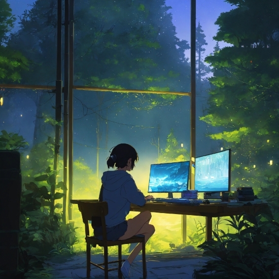 Computer, Personal Computer, Table, Computer Monitor, Plant, Sunlight