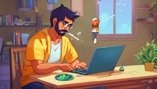 Computer, Personal Computer, Table, Laptop, Plant, Cartoon