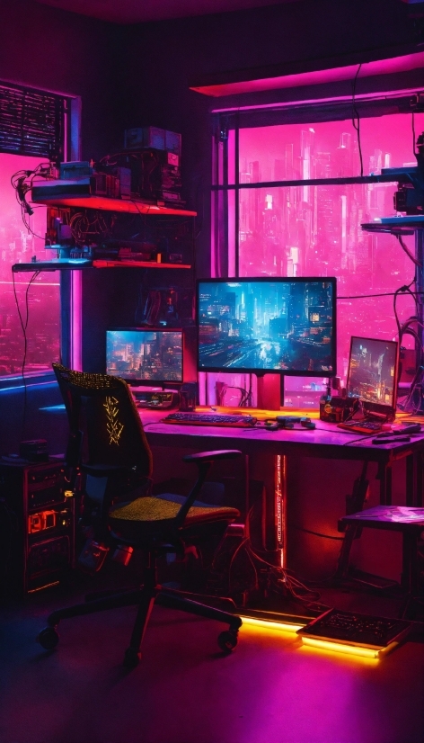 Computer, Personal Computer, Table, Light, Purple, Computer Keyboard