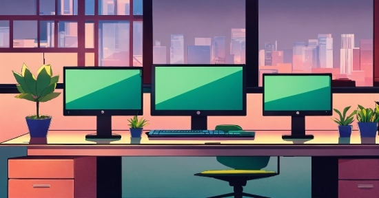 Computer, Table, Furniture, Personal Computer, Computer Monitor, Green