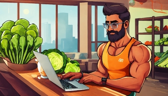 Computer, Table, Laptop, Personal Computer, Plant, Beard
