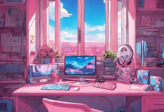 Computer, Table, Personal Computer, Computer Keyboard, Furniture, Purple
