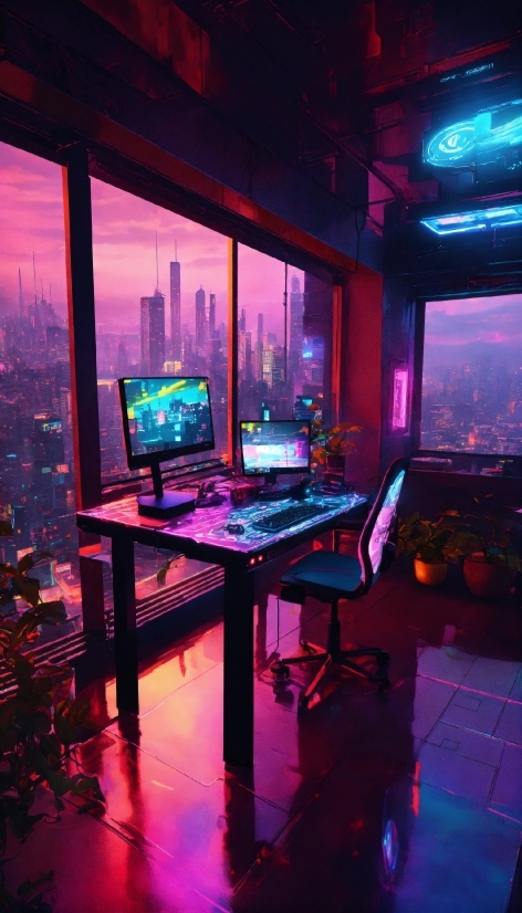Computer, Table, Purple, Personal Computer, Building, Interior Design