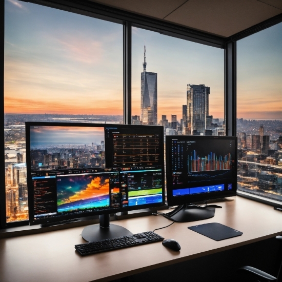 Computer, Table, Sky, Personal Computer, Building, Computer Monitor