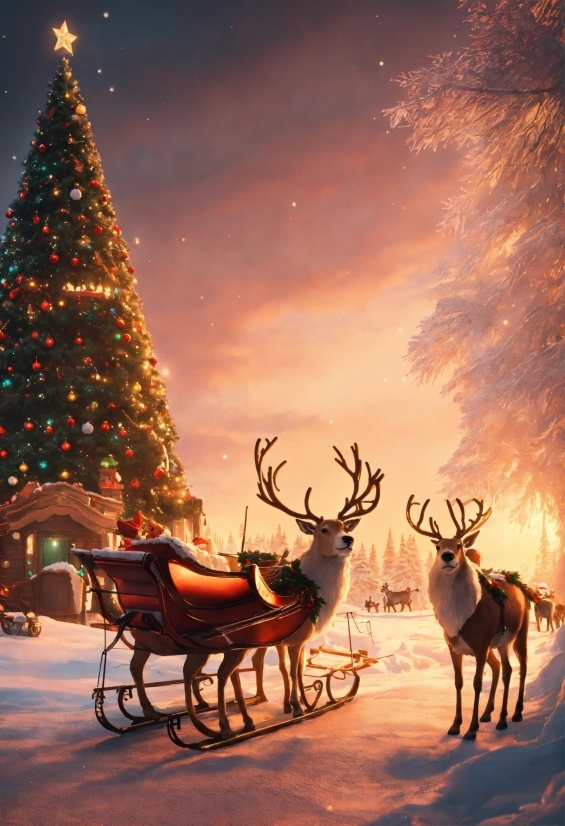 Cute Vector Background, Christmas Tree, Sky, Light, Elk, Nature
