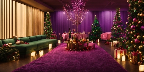 Decoration, Furniture, Purple, Christmas Tree, Plant, Lighting