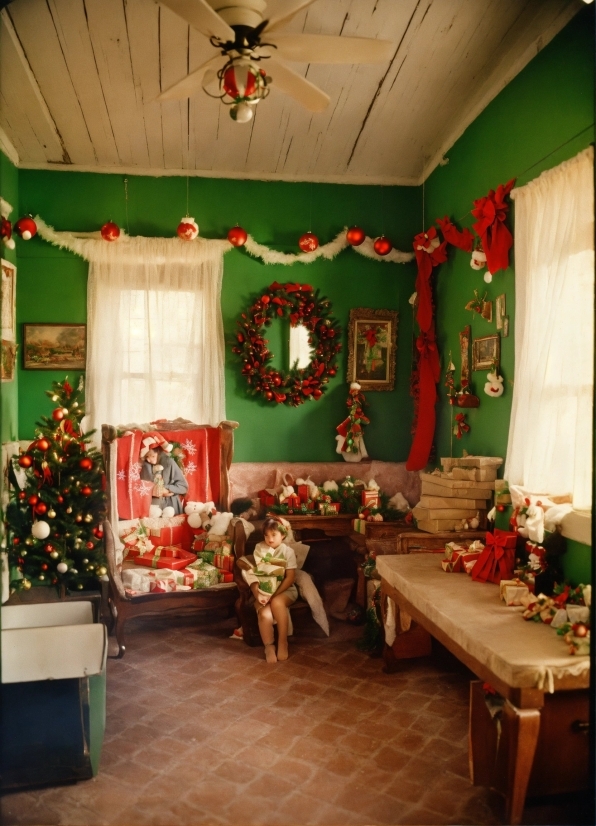 Decoration, Green, Interior Design, Window, Christmas Tree, Curtain
