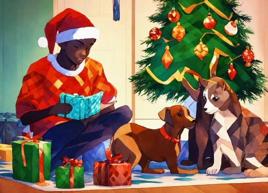 Dog, Carnivore, Cartoon, Art, Christmas Tree, Fawn
