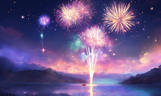 Fireworks, Atmosphere, Water, Light, Nature, Purple