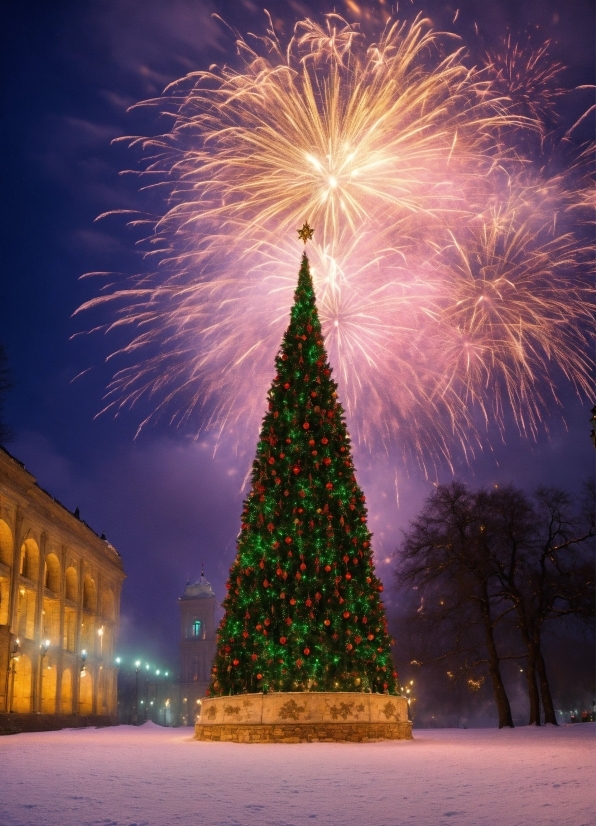 Fireworks, Christmas Tree, Photograph, Sky, Light, Nature