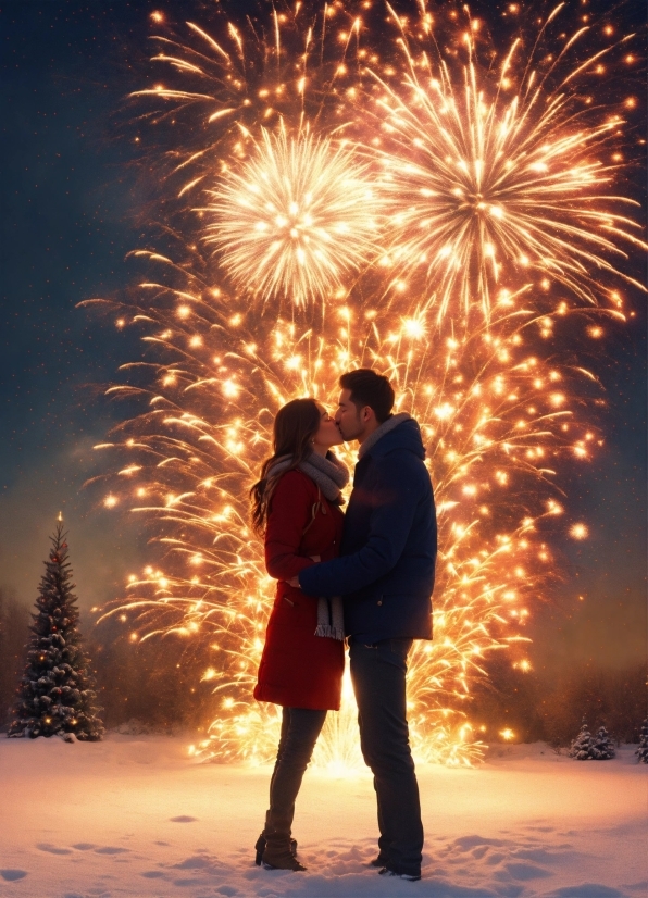 Fireworks, Photograph, Light, People In Nature, Snow, Tree