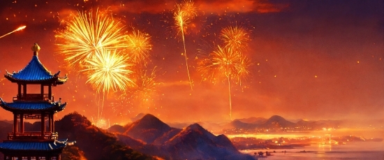 Fireworks, Sky, Atmosphere, Cloud, Light, Mountain