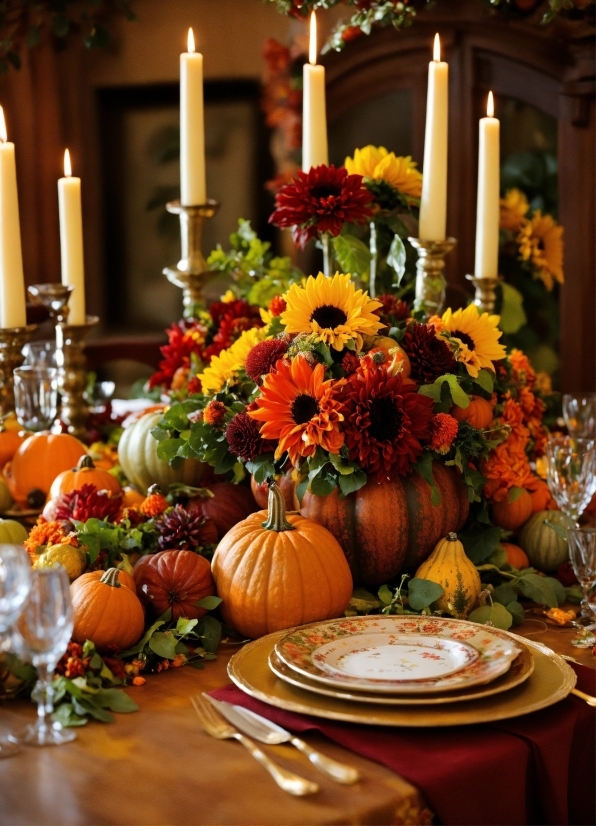 Flower, Candle, Furniture, Plant, Table, Pumpkin
