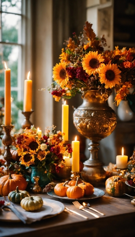 Flower, Candle, Table, Plant, Tableware, Orange