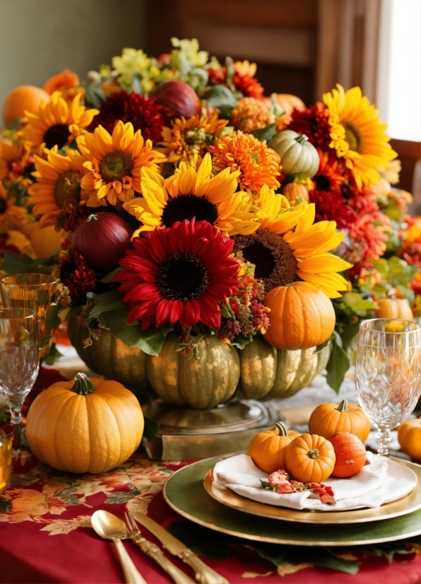 Flower, Food, Plant, Pumpkin, Table, Tableware