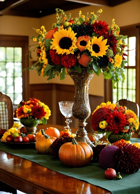 Flower, Plant, Furniture, Table, Pumpkin, Flowerpot