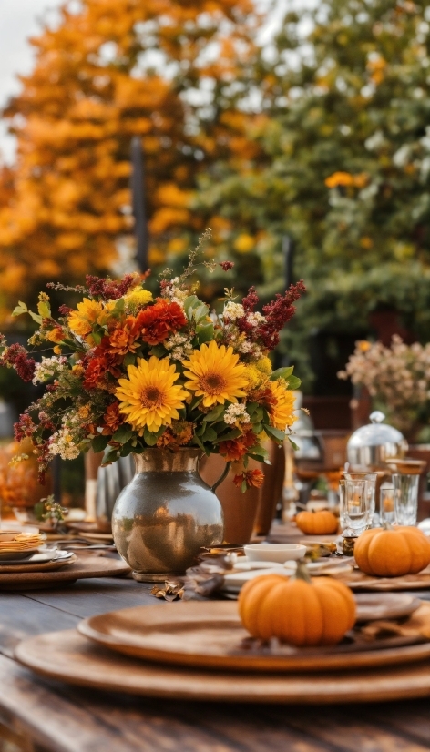 Flower, Plant, Table, Tableware, Flowerpot, Orange