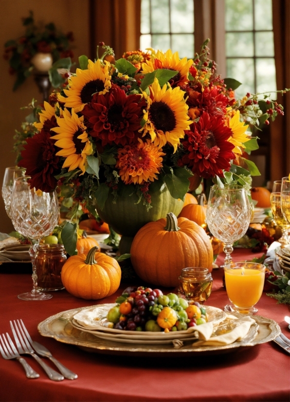 Flower, Plant, Tableware, Table, Food, Pumpkin