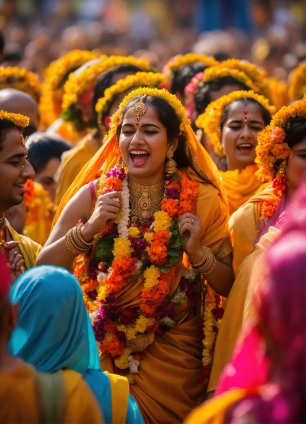 Flower, Smile, Temple, Happy, Orange, Sari