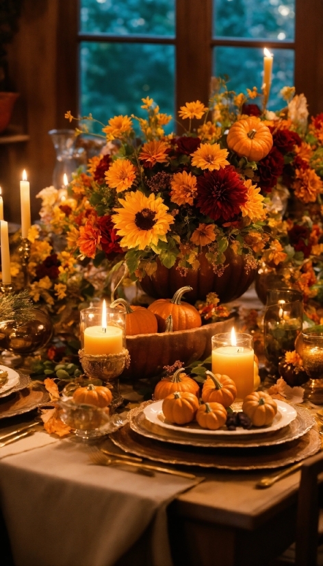 Flower, Table, Food, Plant, Tableware, Candle