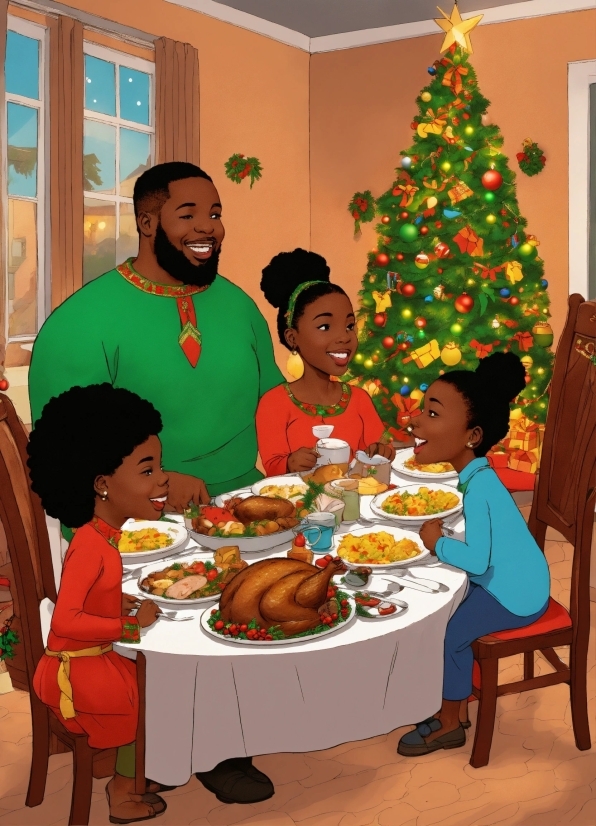 Food, Christmas Tree, Table, Furniture, Tableware, Smile