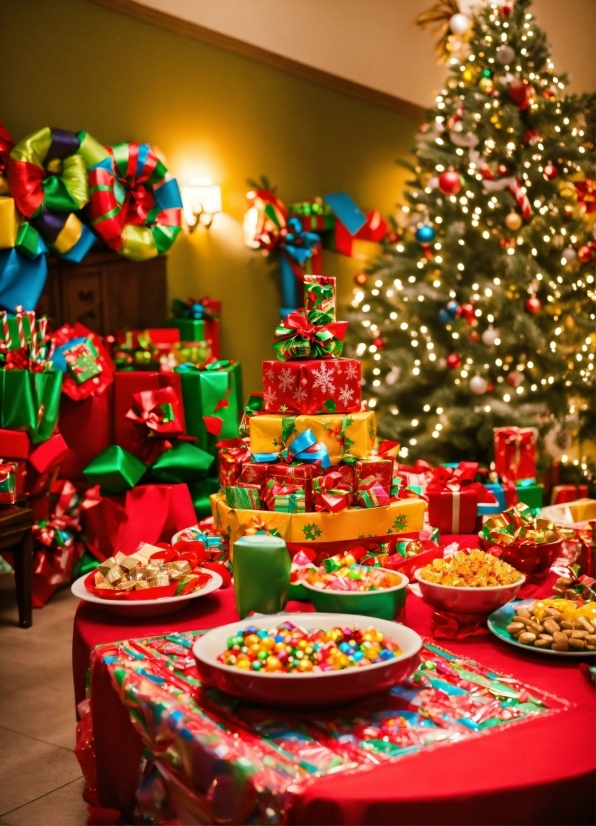 Food, Christmas Tree, Table, Tableware, Decoration, Furniture