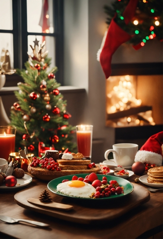 Food, Christmas Tree, Tableware, Table, Green, White