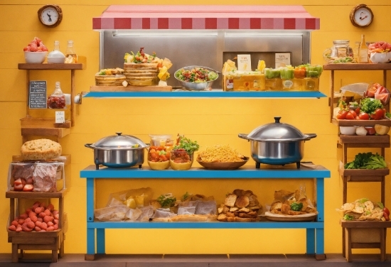 Food, Tableware, Shelf, Shelving, Orange, Yellow