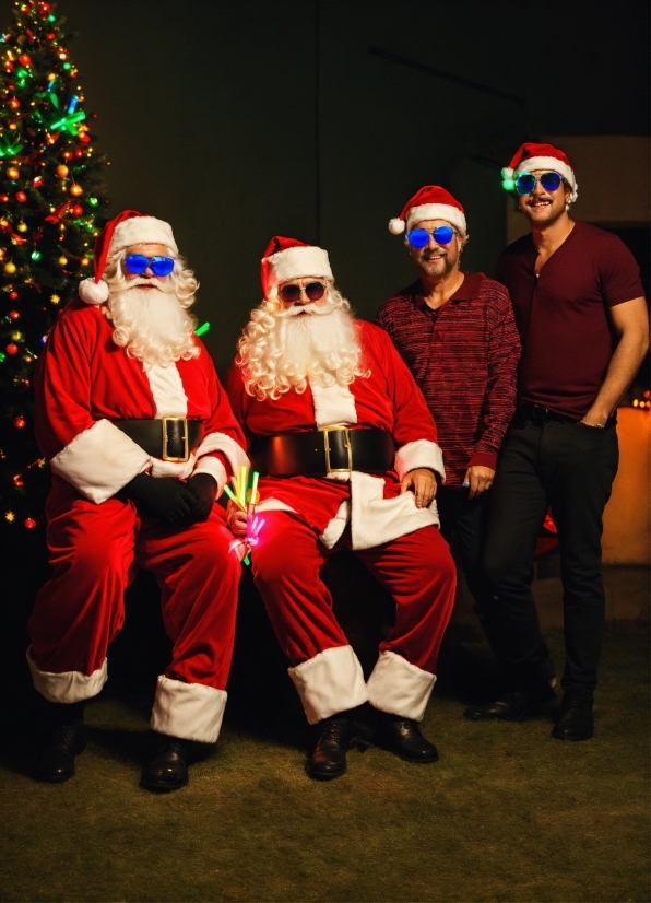 Footwear, Christmas Tree, Santa Claus, Hat, Beard, Lighting