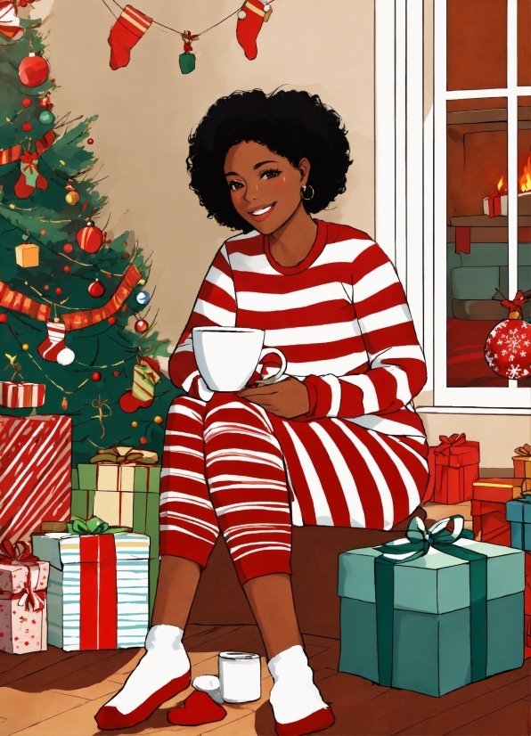 Free Hand Drawn Illustrations, Christmas Tree, Smile, Green, Sleeve, Red