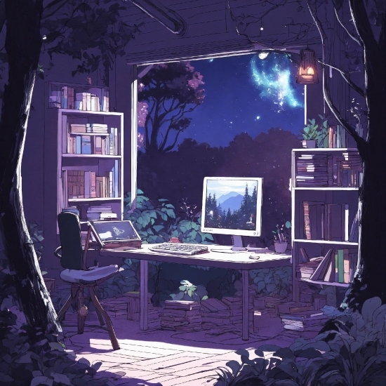 Furniture, Computer, Purple, Table, Personal Computer, Bookcase