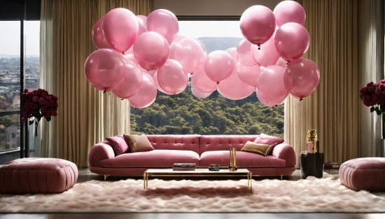 Furniture, Couch, Decoration, Balloon, Pink, Window