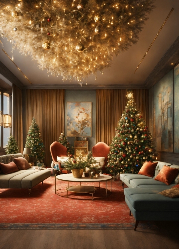 Furniture, Decoration, Couch, Plant, Christmas Tree, Building