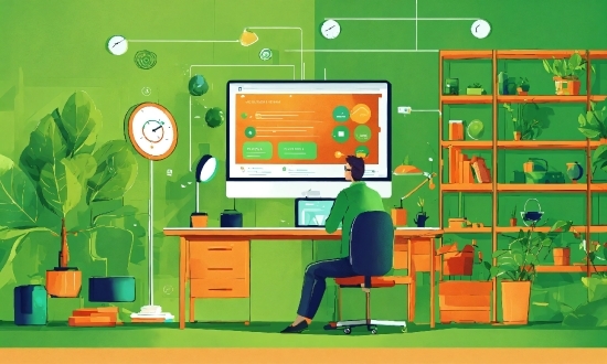 Furniture, Green, Computer, Table, Desk, Chair