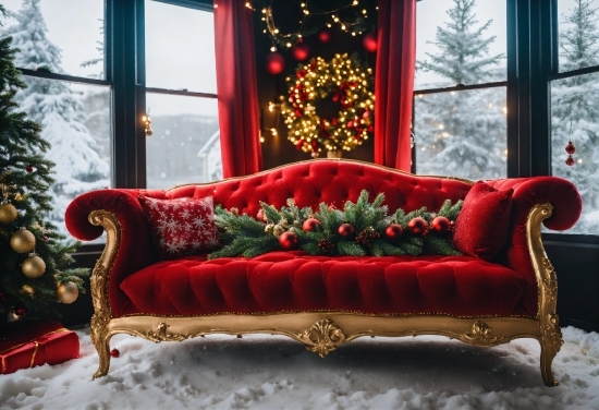 Furniture, Property, Couch, Snow, Christmas Tree, Window