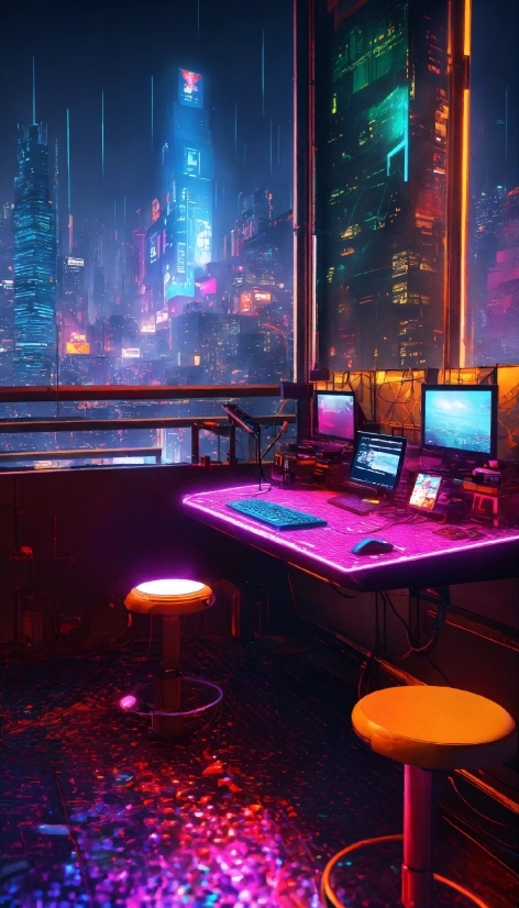 Furniture, Table, Building, Purple, Light, Laptop