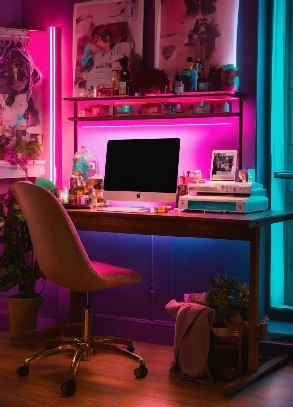 Furniture, Table, Computer, Personal Computer, Purple, Chair