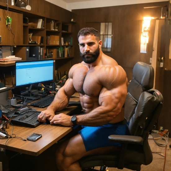 Furniture, Table, Muscle, Chair, Desk, Sunglasses