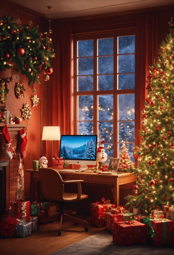 Furniture, Window, Christmas Tree, Light, Plant, Decoration