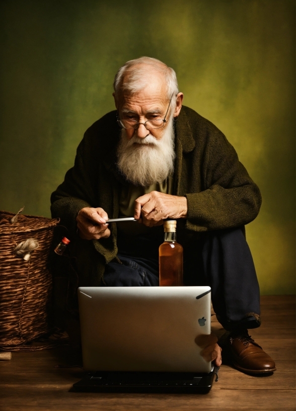 Glasses, Beard, Laptop, Bottle, Personal Computer, Computer