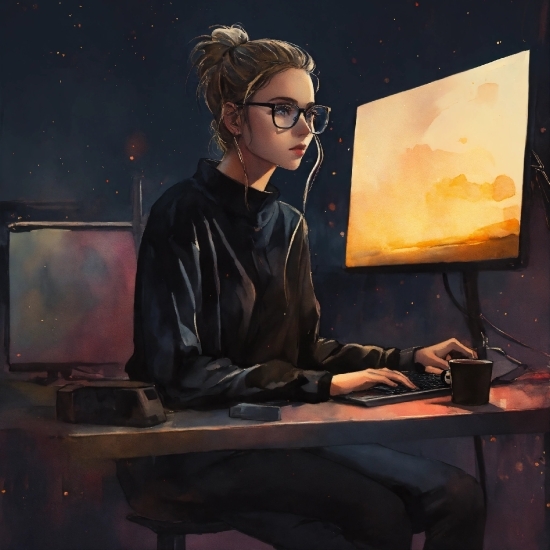 Glasses, Computer, Table, Desk, Personal Computer, Output Device