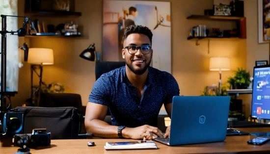 Glasses, Smile, Table, Computer, Laptop, Personal Computer