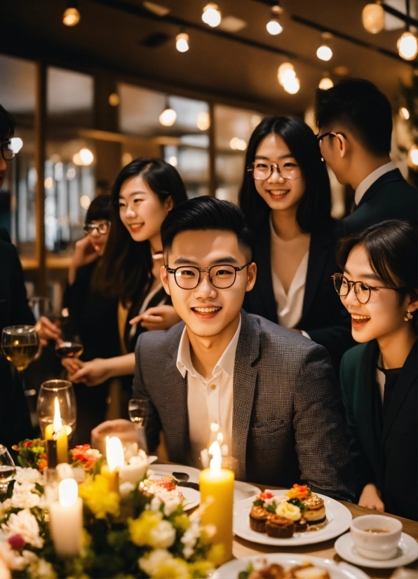 Glasses, Smile, Tableware, Candle, Food, Table