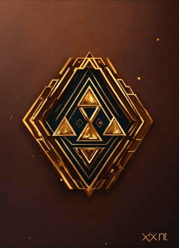 Gold, Triangle, Amber, Font, Emblem, Symbol