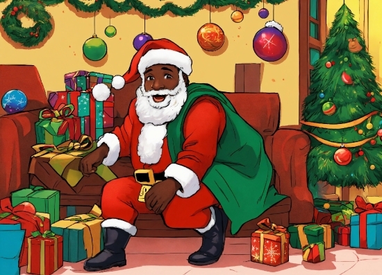Green, Cartoon, Christmas Tree, Red, Woody Plant, Santa Claus