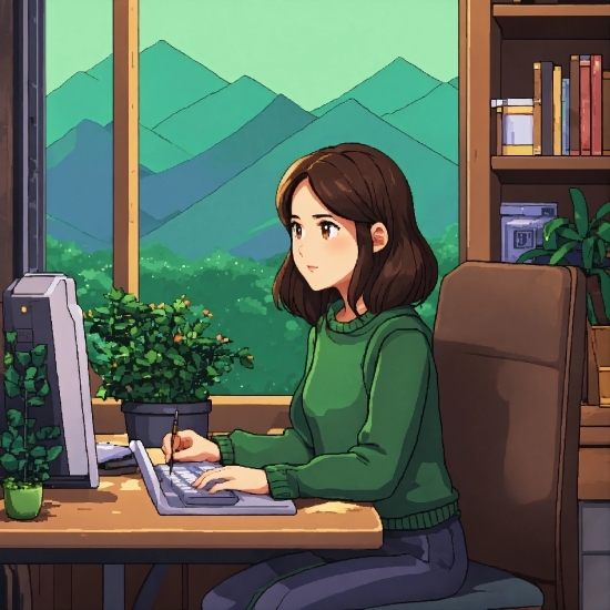 Green, Personal Computer, Cartoon, Computer Keyboard, Computer, Plant