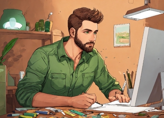 Green, Personal Computer, Computer, Cartoon, Beard, Laptop