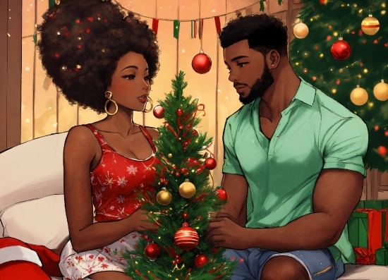 Hair, Christmas Tree, Christmas Ornament, Facial Expression, Green, Human