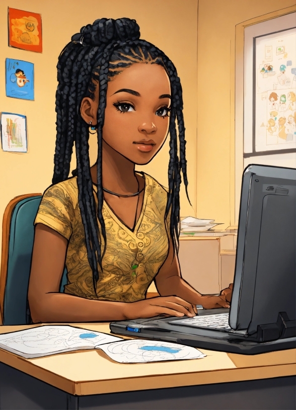 Hairstyle, Eyebrow, Table, Personal Computer, Desk, Cornrows